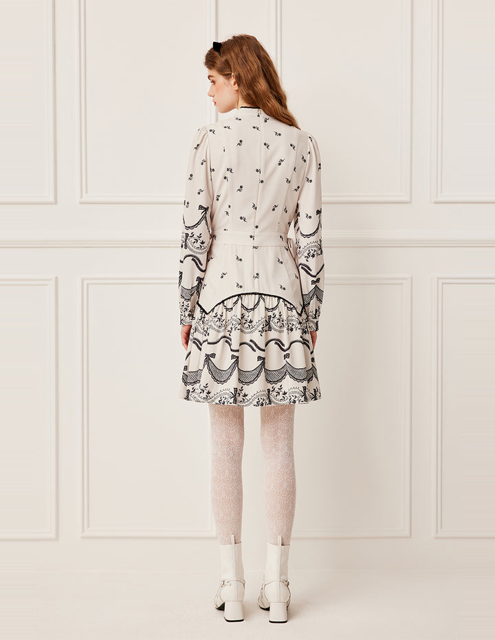 BORA AKSU Ruffled Mandarin Collar Floral Print Long Puff Sleeve Midi Dress