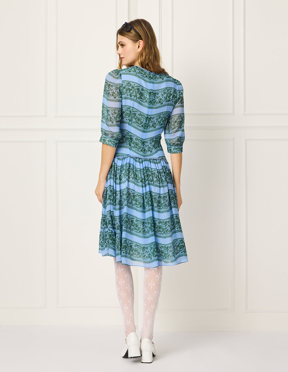 BORA AKSU Lace V-Neck Puff Short-Sleeve Floral & Strip Printed Pleated Midi Dress