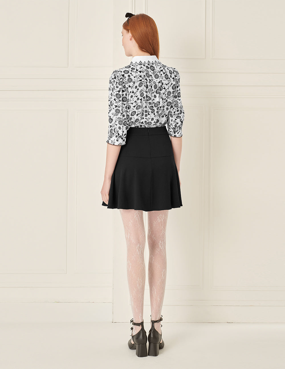 BORA AKSU Silk Puff Sleeve Retro Embroidered Collar Printed Blouse