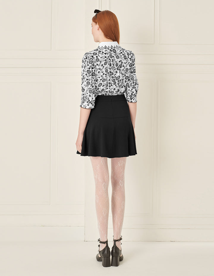 BORA AKSU Silk Puff Sleeve Retro Embroidered Collar Printed Blouse