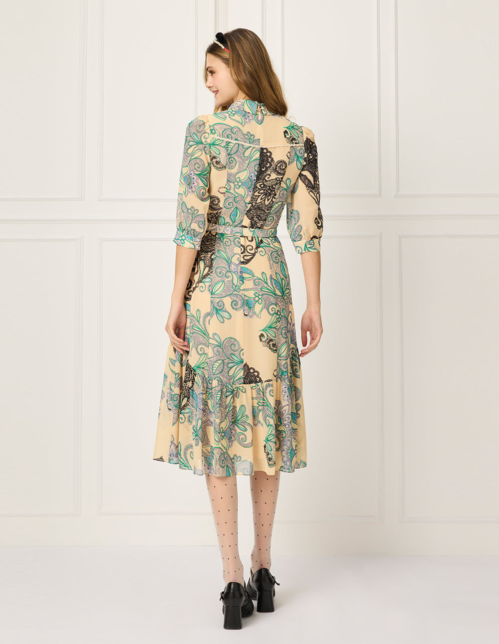 BORA AKSU Peter Pan Collar Bubble Short Sleeve Floral Lace Print Midi Dress