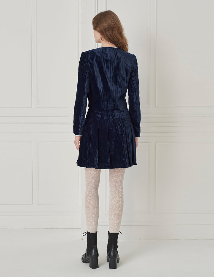 BORA AKSU Ruffled Round-Neck Cropped Velvet Jacket