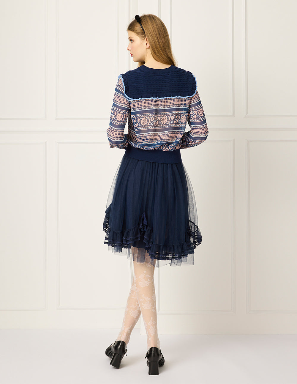 BORA AKSU Round-Neck Ruffles Bubble Sleeve Print Top