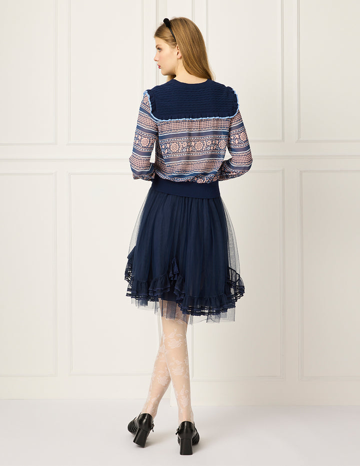 BORA AKSU Round-Neck Ruffles Bubble Sleeve Print Top