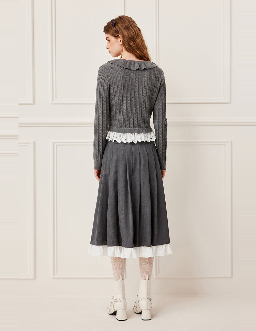 BORA AKSU V-Neck Ruffle Detail Knit Pullover Sweater