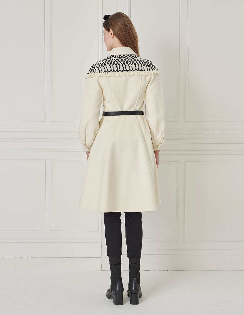 BORA AKSU Shirt-Collar Geometric Knitted Patchwork Fitted Umbrella Hem Coat