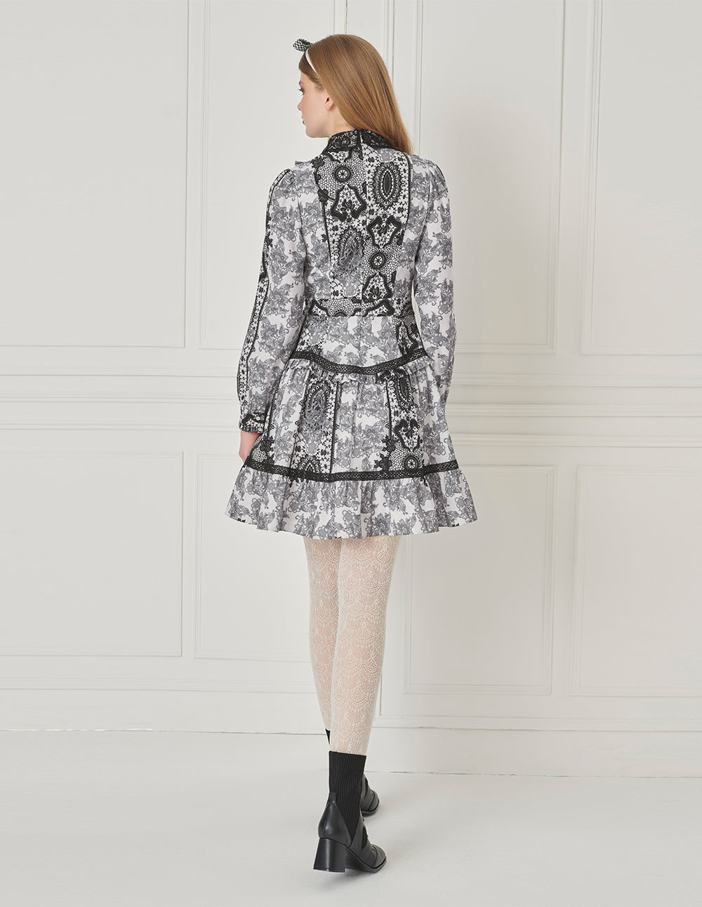 BORA AKSU Peter Pan Collar Puff Sleeve Lace Print Midi Dress