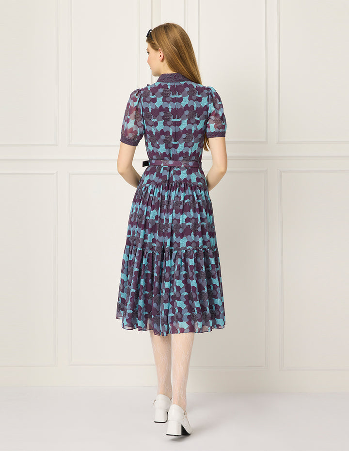 BORA AKSU Lapel Ruffle Trim Polka Dots Puff Short Sleeve Pleated Midi Shirt Dress