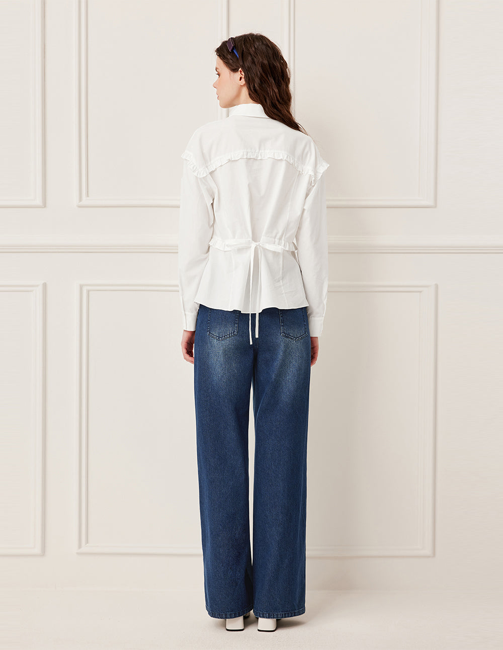 BORA AKSU Adjustable Ruffle-Trim White Cotton Long-Sleeve Blouse