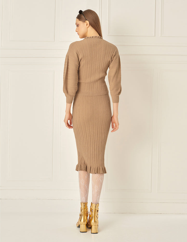 BORA AKSU Designer Stretch Yarn Ruffled Embellished Knitted Cardigan