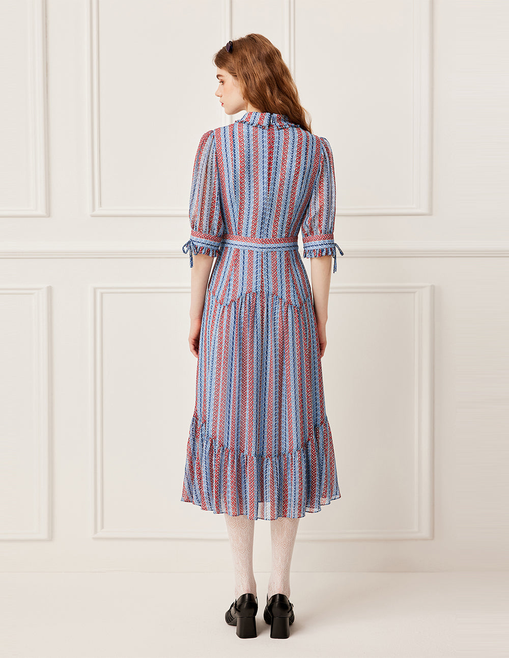 BORA AKSU Ruffled Peter Pan Collar Blue Red Stripe Raindrop Print Pleated Midi Dress