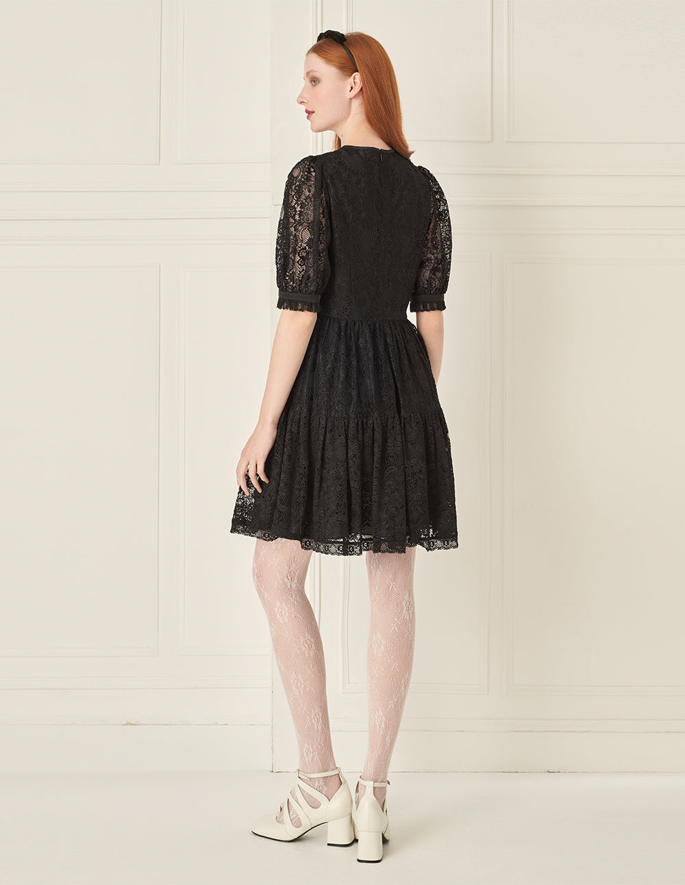 BORA AKSU Bow Tie Round Neck Puff Sleeve Lace Little Black Dress