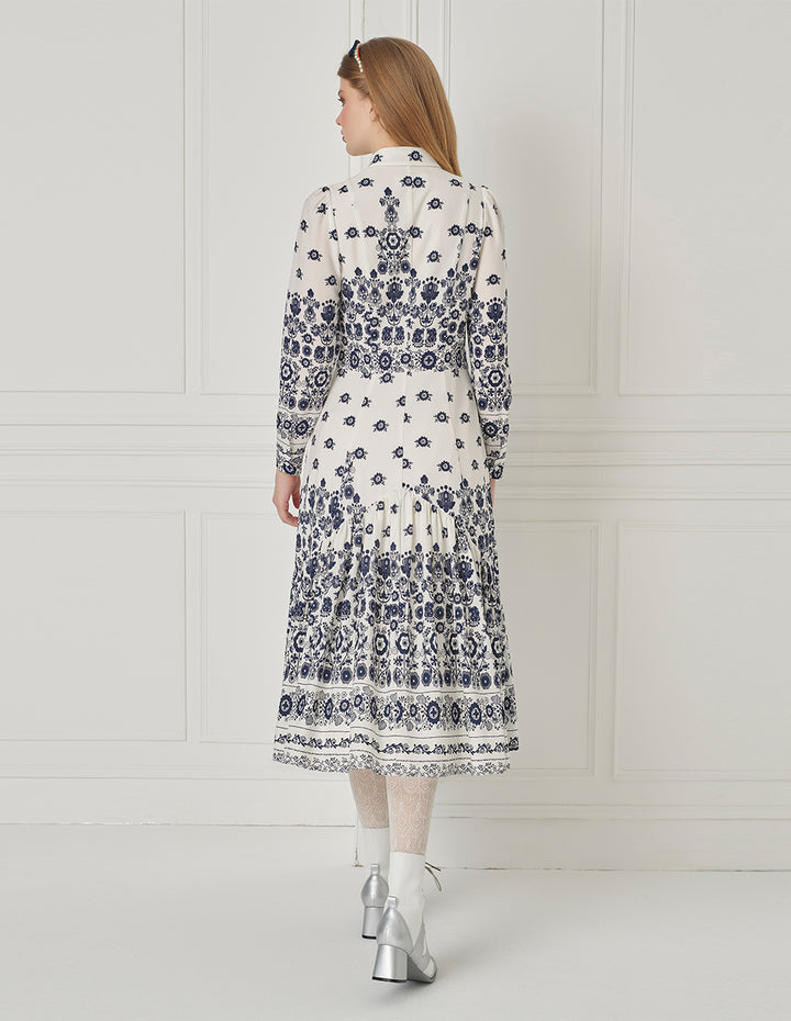 BORA AKSU Shirt-Collar Long Bubble Sleeve Printed Midi Trumpet Dress
