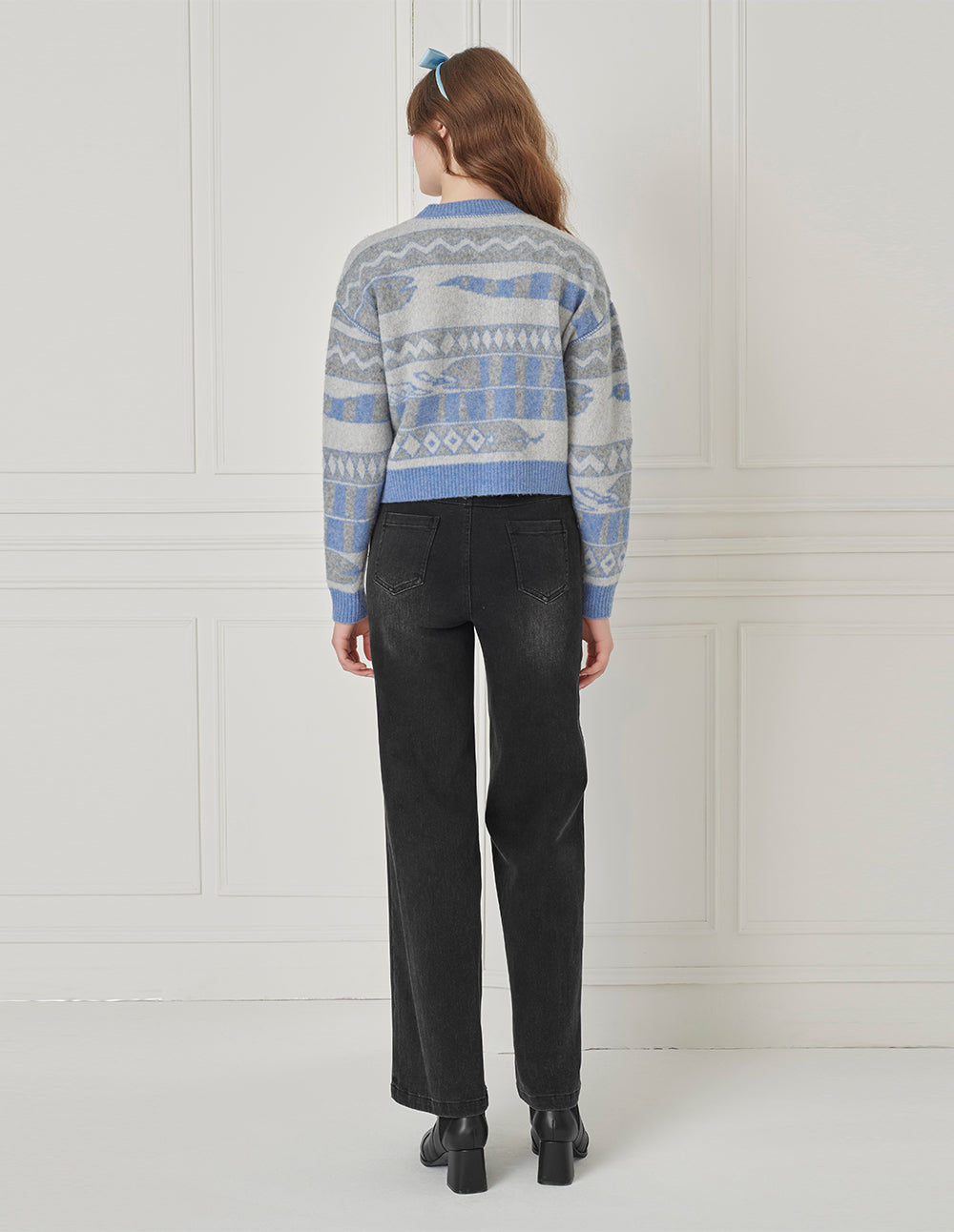 BORA AKSU Crew-Neck Drop-Sleeve Long-Sleeve Striped Loose Cropped Knitted Pullover