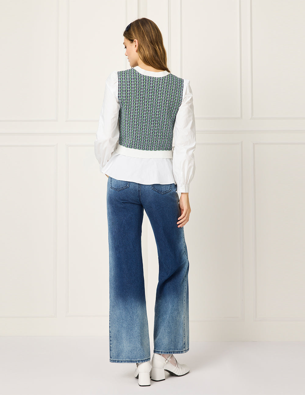 BORA AKSU V-Neck Long-Sleeve Ruffle-hem Patchwork Plaid Knit Top