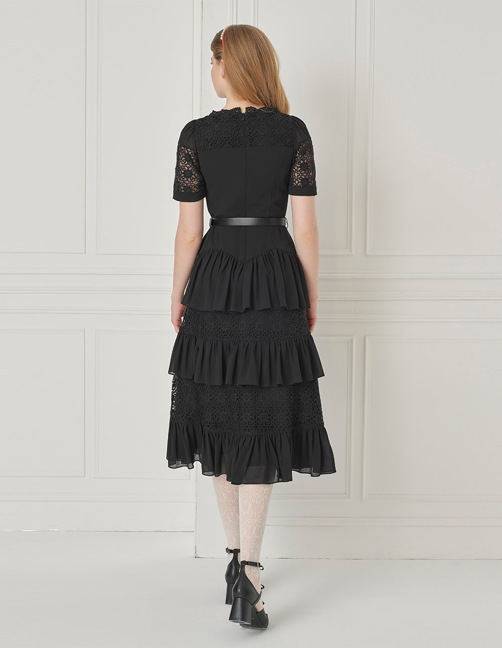 BORA AKSU Palace Style Classic Square Neck Lace Splicing Tiered Skirt Dress