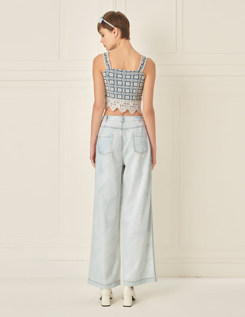 BORA AKSU Lace Patchwork Embroidered Denim Camisole