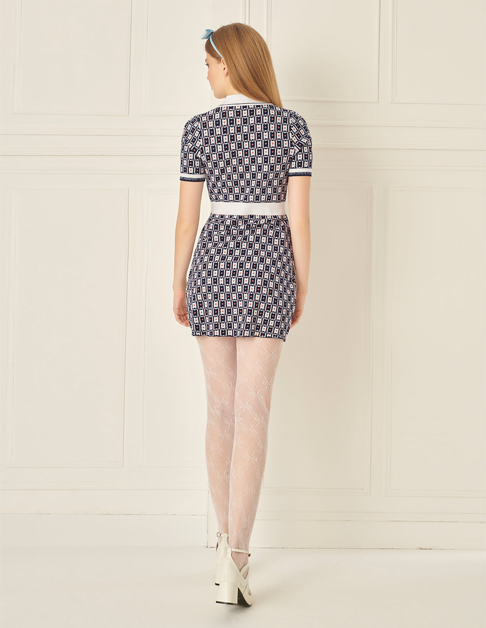 BORA AKSU Retro Contrasting Geometric Pattern Lapel Knitted Dress
