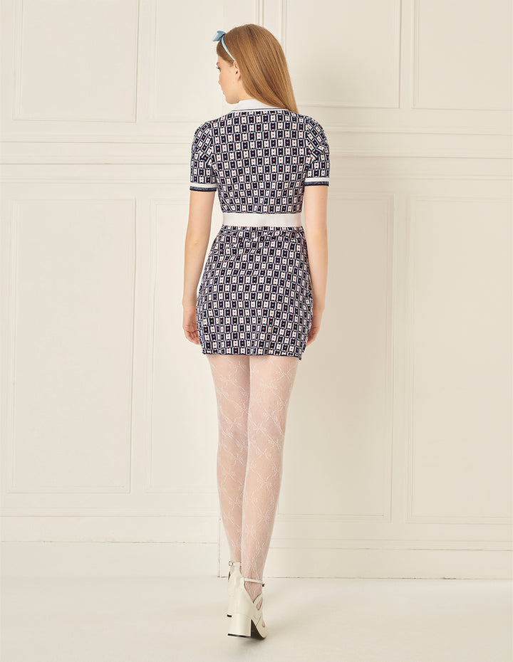BORA AKSU Retro Contrasting Geometric Pattern Lapel Knitted Dress