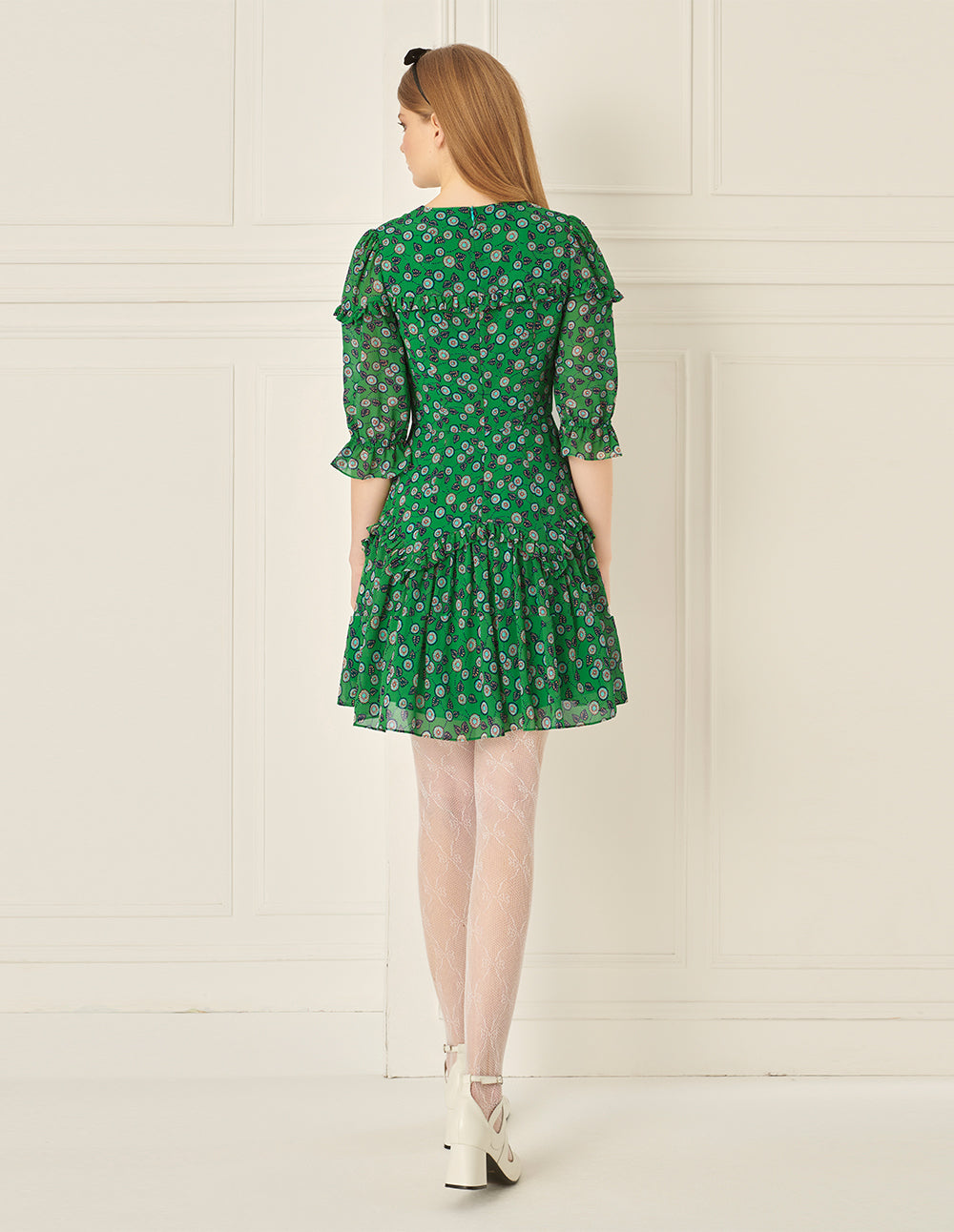 BORA AKSU French V-Neck Pleated Puff Sleeve Printed Dress