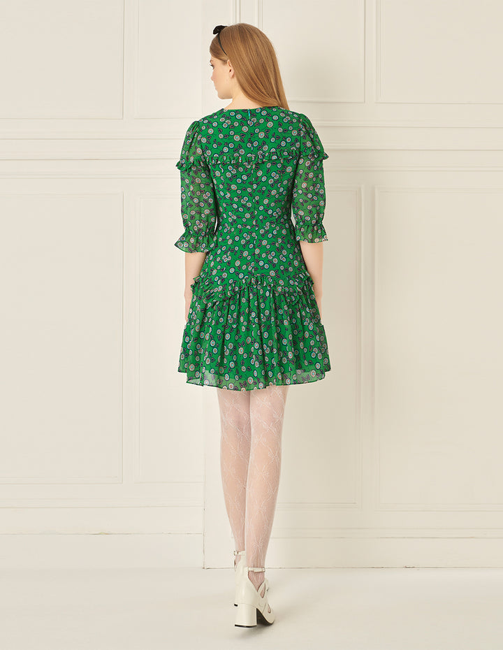 BORA AKSU French V-Neck Pleated Puff Sleeve Printed Dress