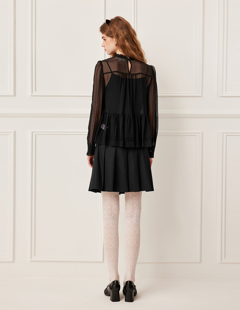 BORA AKSU Ruffled Round Neck Sheer Black Long Sleeve Silk Blouse