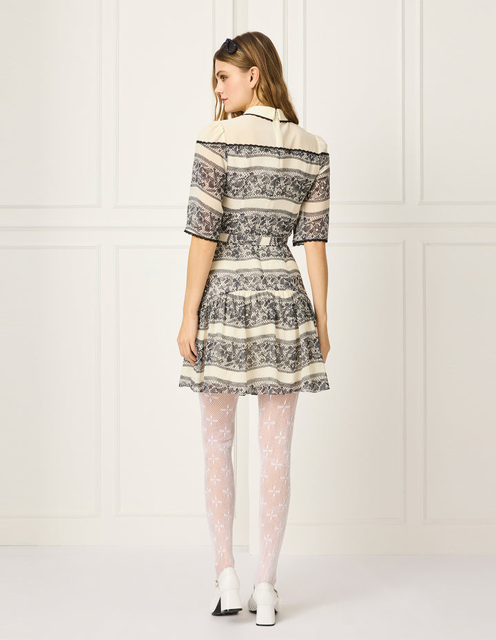 BORA AKSU Peter Pan Collar Puff Sleeve Lace Floral Print Silk Midi Dress