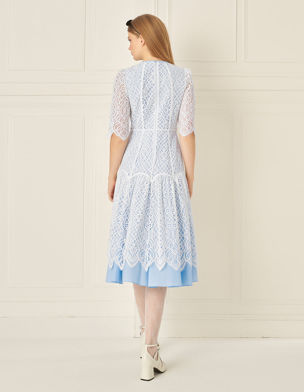 BORA AKSU Romantic Blue And White Lace Court Style Dress