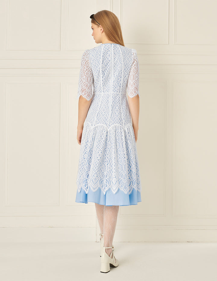 BORA AKSU Romantic Blue And White Lace Court Style Dress