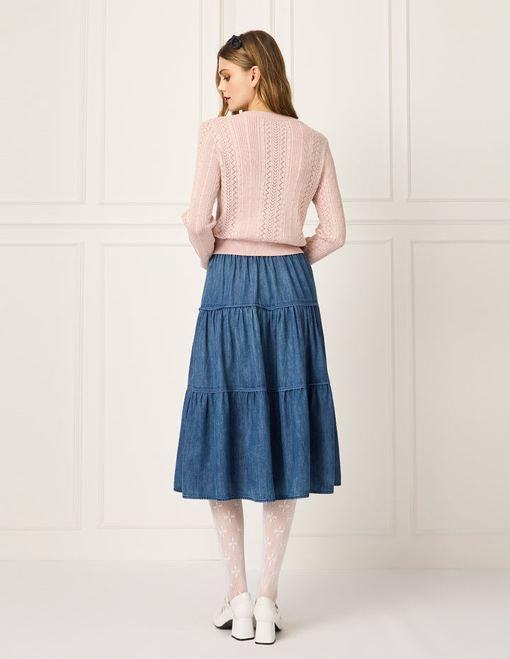 BORA AKSU Round Neck Long Sleeve Ruffle Knit Cardigan