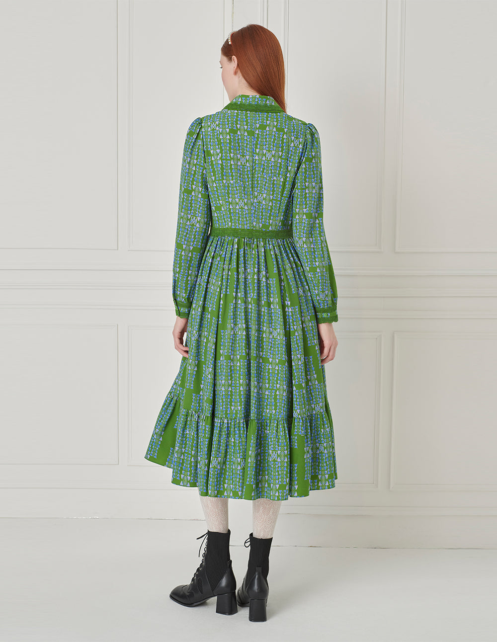 BORA AKSU Long Sleeve Printed Pleated Ruffle Lace-Embellished Button Dress