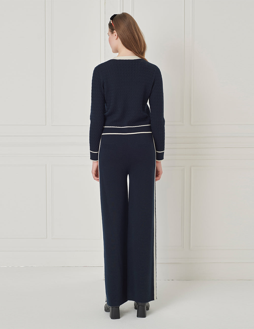 BORA AKSU V-Neck Long-Sleeve Contrasted-Color Button Weave Cropped Wool Cardigan