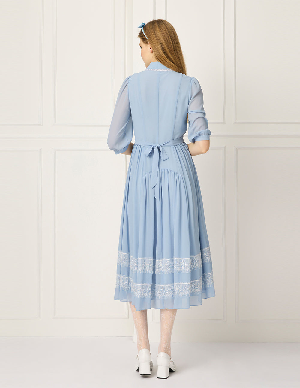 BORA AKSU Puff-Sleeve Lace-Trimmed Pleated Midi Shirt Dress