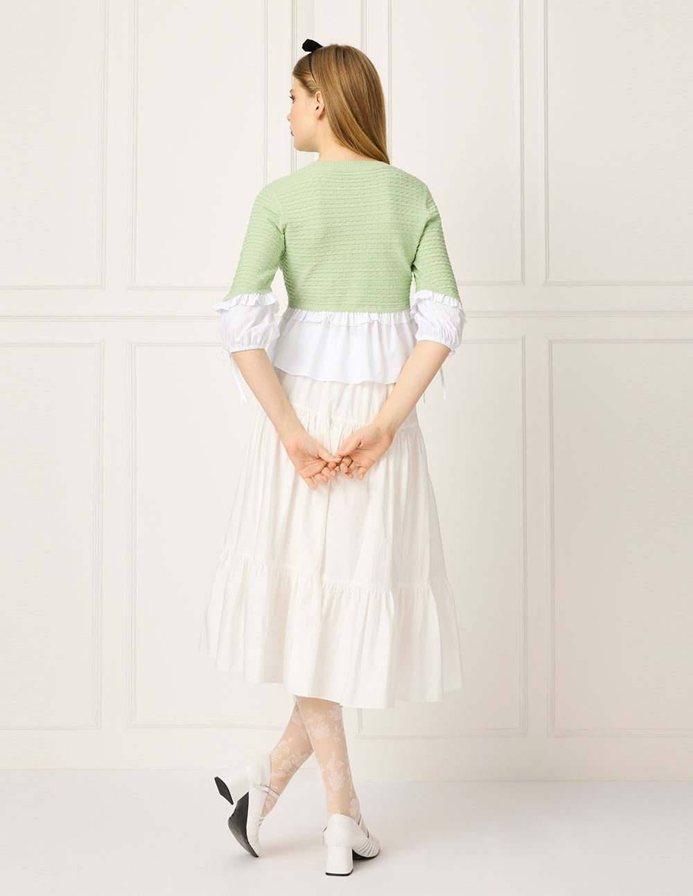 BORA AKSU Round-Neck Puff-Sleeve Ruffle Trimmed Patchwork Knit Top