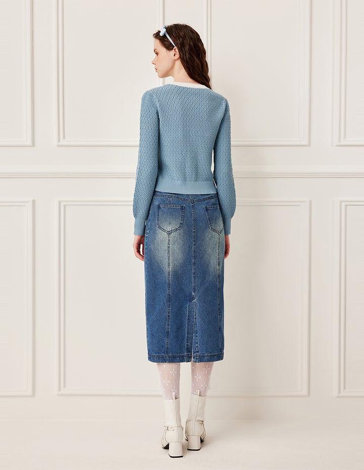 BORA AKSU Straight Leg Light Wash Knee-Length Denim Skirt