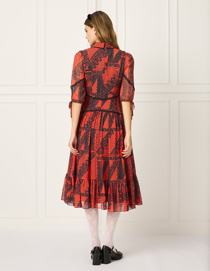 BORA AKSU Peter Pan Collar Bubble 1/2 Sleeve Print Pleated Midi Dress