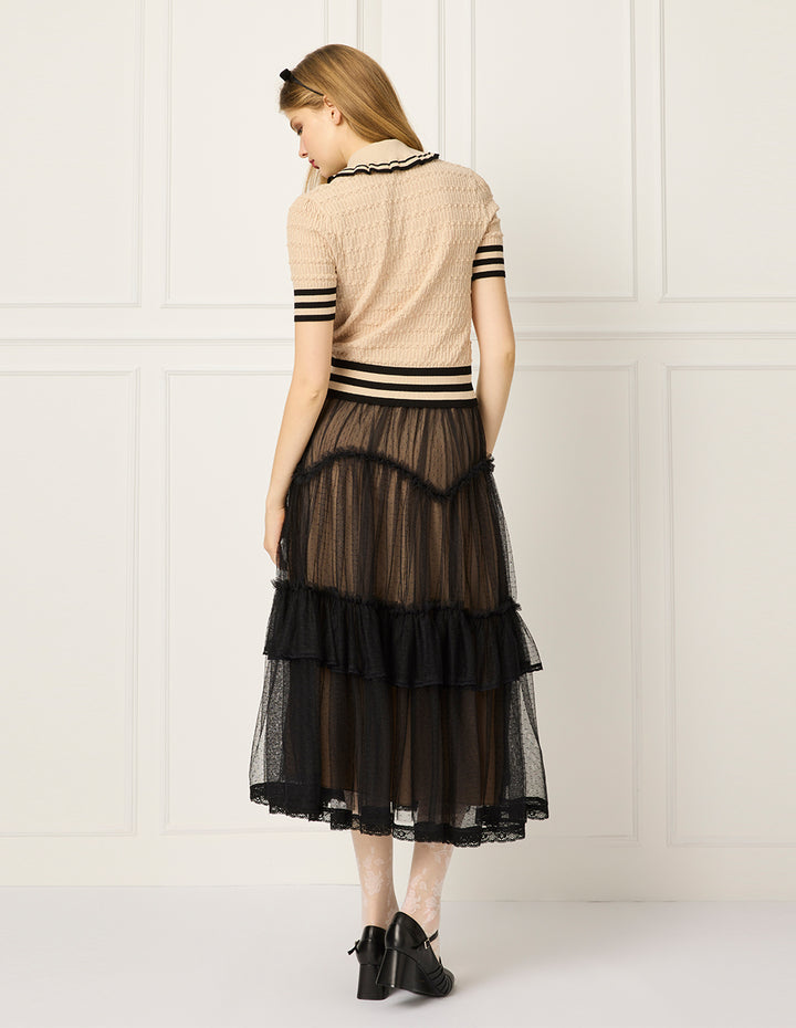 BORA AKSU Lapel Short-Sleeve Black Stripe Trim Pointelle Knit Sweater