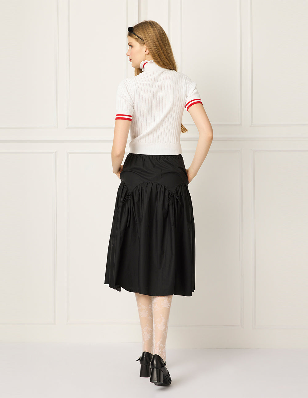 BORA AKSU Ruffled Stand-Collar Short-Sleeve Pointelle Knit Pullover With Bow Decoration