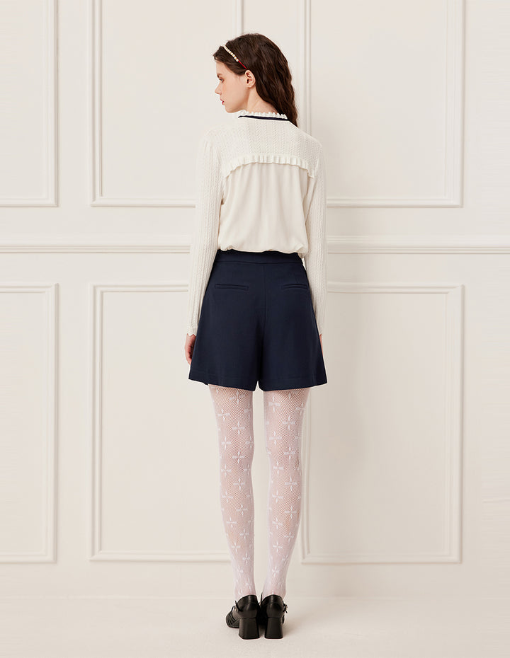 BORA AKSU Knitted Ruffled Round Neck Long Sleeve Patchwork Silk Blouse