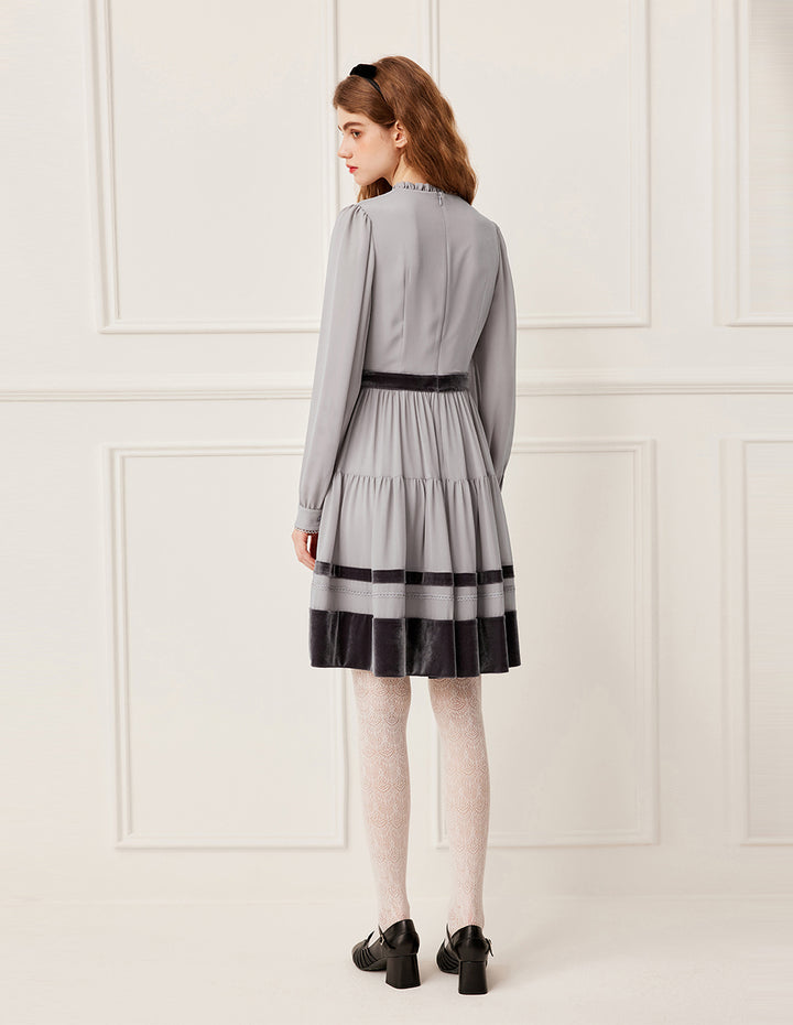 BORA AKSU Ruffled Round Neck Long Sleeve Pin-Tuck Velvet Trimmed Midi Dress