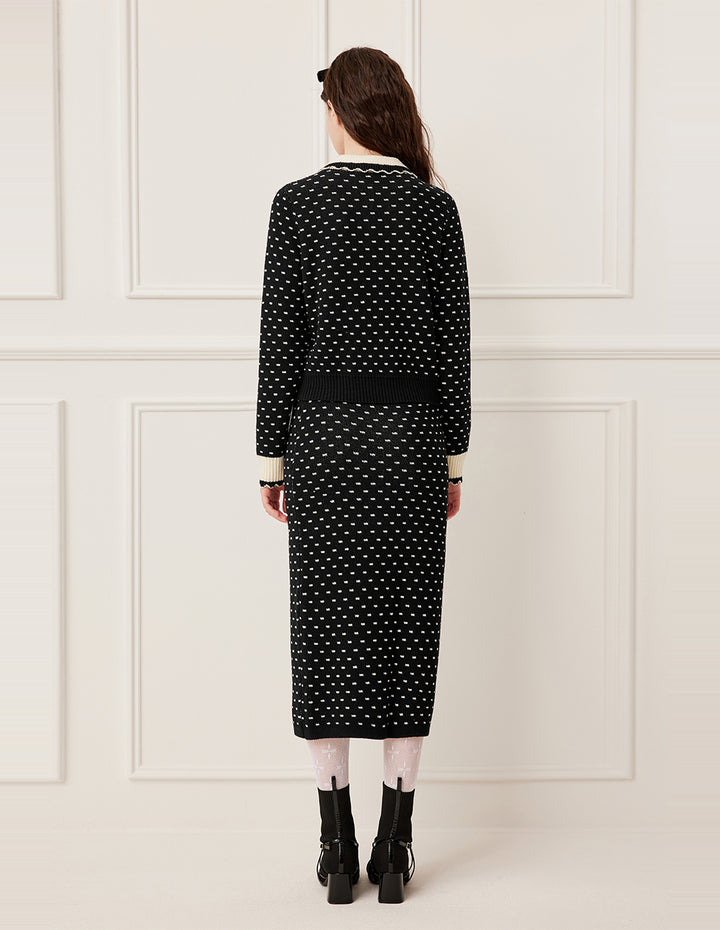 BORA AKSU High-Waist Straight-Cut White Polka Dot Wool Knit Skirt