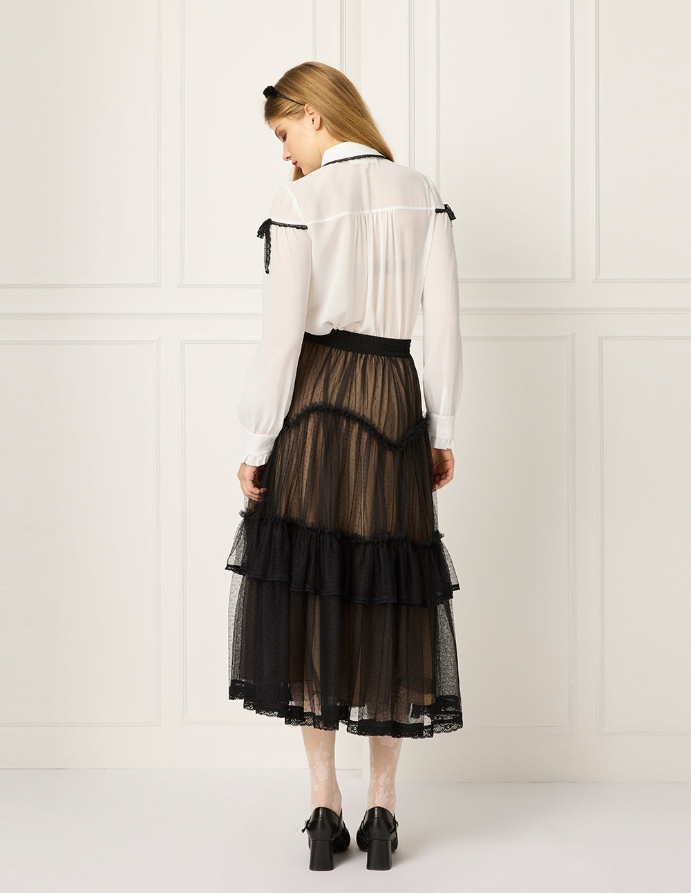 BORA AKSU Lace Floral Trim Bubble Long Sleeve Blouse