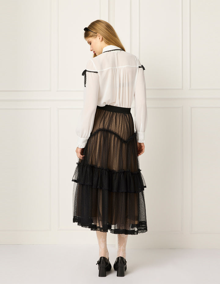 BORA AKSU Lace Floral Trim Bubble Long Sleeve Blouse