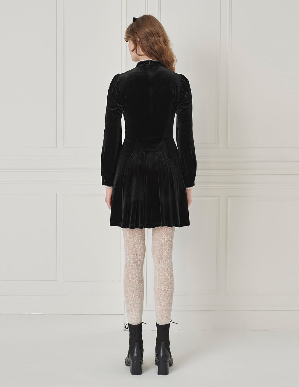 BORA AKSU Stand Collar Hollow Lace Velvet Fitted Long Sleeve Pleated Dress