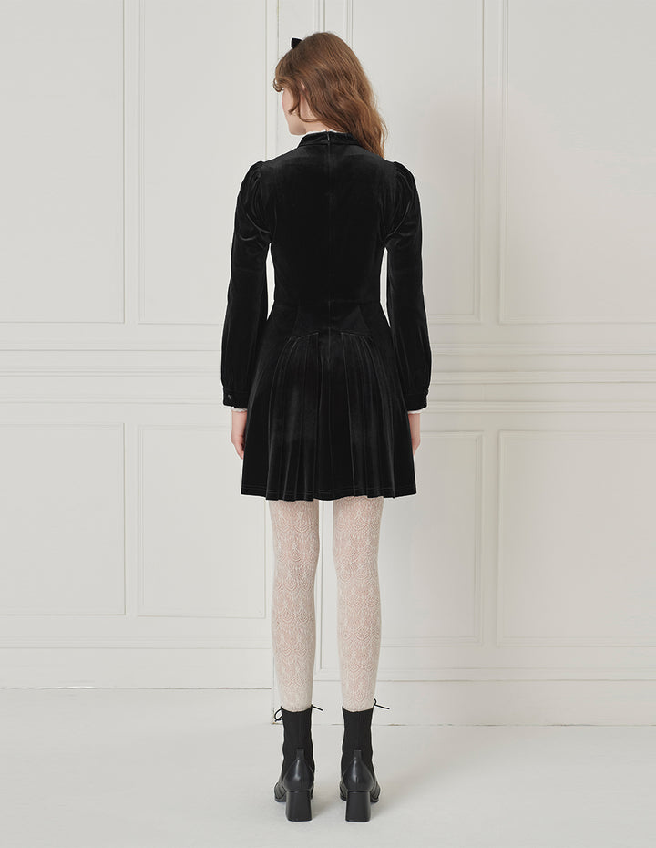 BORA AKSU Stand Collar Hollow Lace Velvet Fitted Long Sleeve Pleated Dress