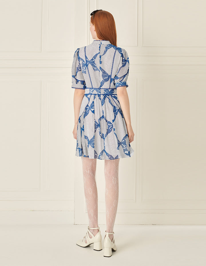 BORA AKSU French Stand Collar Puff Sleeve Bow Print Dress
