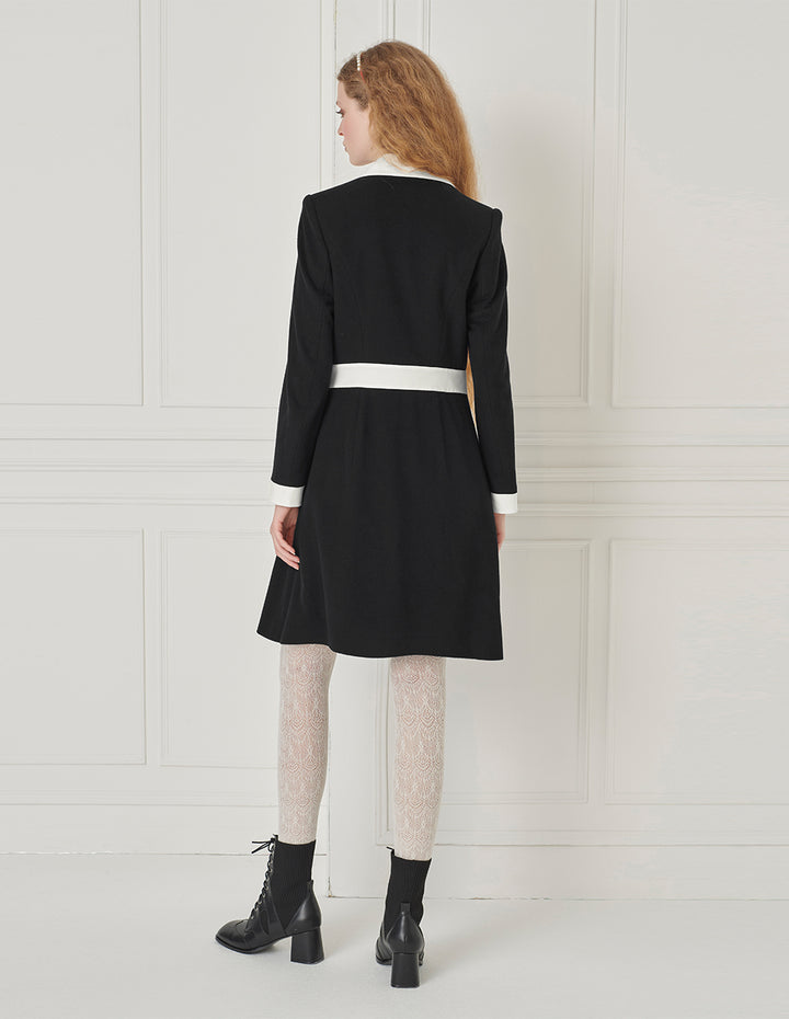 BORA AKSU Black & White Color Block Lapel-Collar Long Sleeve Midi Dress