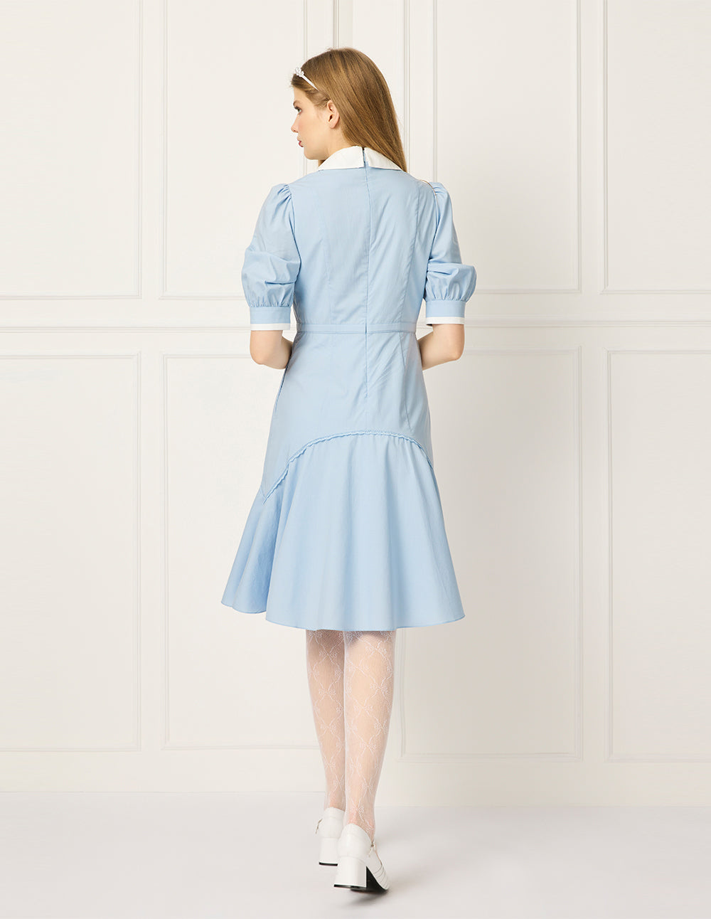 BORA AKSU Lapel-Collar Puff Short-Sleeve Lyocell Pleated Midi Dress