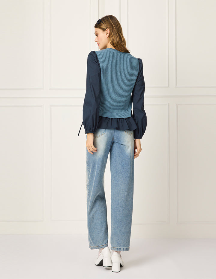 BORA AKSU Round-Neck Bubble Long Sleeve Patchwork Knit Top