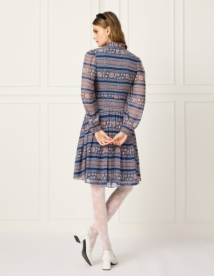 BORA AKSU Stand-Callor Ruffles Bubble Sleeve Print Pleated Midi Dress